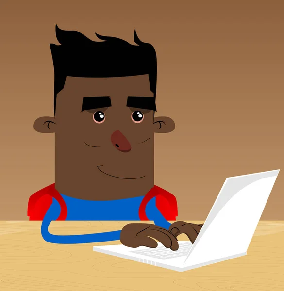 Laptop Ile Çalışma Okul Çocuğu Vektör Çizgi Film Karakteri Çizim — Stok Vektör