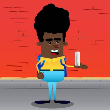 Okul çocuğu holding beyaz uzun boylu kutusu. Vektör çizgi film karakteri çizim.