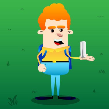 Okul çocuğu holding beyaz uzun boylu kutusu. Vektör çizgi film karakteri çizim.