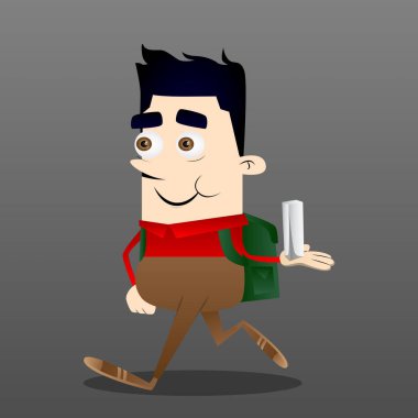 Okul çocuğu holding beyaz uzun boylu kutusu. Vektör çizgi film karakteri çizim.