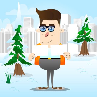 İki beyaz kağıt tutan okul çocuğu. Vektör çizgi film karakteri çizim.