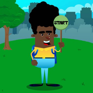 Holding öğrenci oturum başlatın. Vektör çizgi film karakteri çizim.