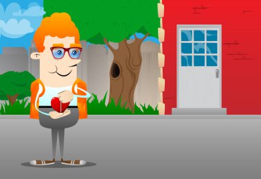 Kalbi sıkıştırma okul çocuğu. Vektör çizgi film karakteri çizim.