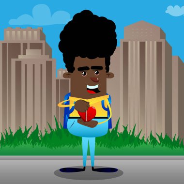 Kalbi sıkıştırma okul çocuğu. Vektör çizgi film karakteri çizim.