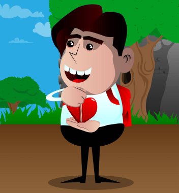 Kalbi sıkıştırma okul çocuğu. Vektör çizgi film karakteri çizim.