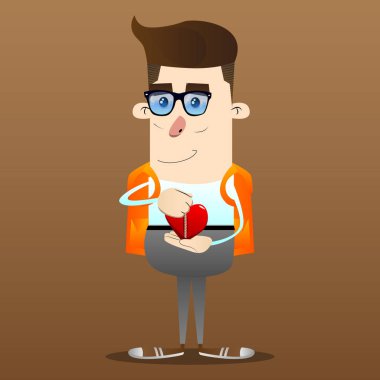 Kalbi sıkıştırma okul çocuğu. Vektör çizgi film karakteri çizim.