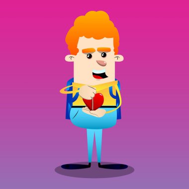 Kalbi sıkıştırma okul çocuğu. Vektör çizgi film karakteri çizim.