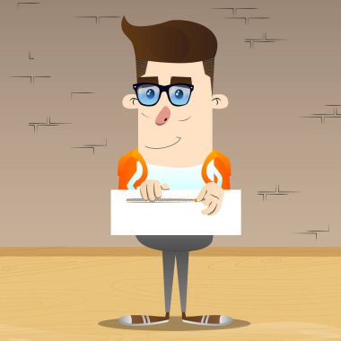 Bir afiş sıkıştırma okul çocuğu. Vektör çizgi film karakteri çizim.