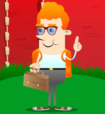 Bavul tutarak ve bir şey anlatmaya okul çocuğu. Vektör çizgi film karakteri çizim.