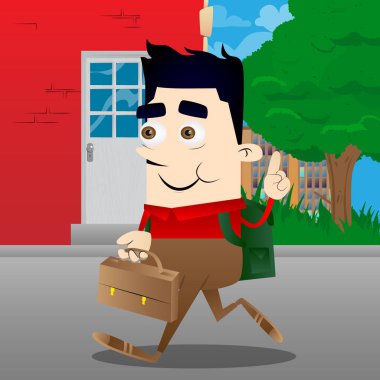 Bavul tutarak ve bir şey anlatmaya okul çocuğu. Vektör çizgi film karakteri çizim.