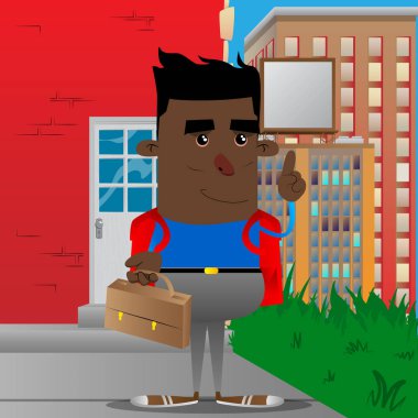 Bavul tutarak ve bir şey anlatmaya okul çocuğu. Vektör çizgi film karakteri çizim.