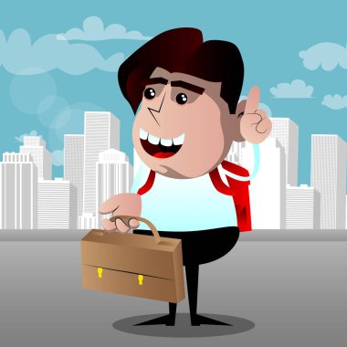 Bavul tutarak ve bir şey anlatmaya okul çocuğu. Vektör çizgi film karakteri çizim.