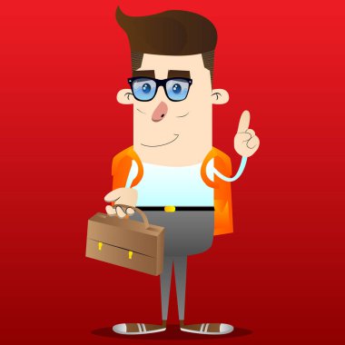 Bavul tutarak ve bir şey anlatmaya okul çocuğu. Vektör çizgi film karakteri çizim.