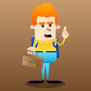 Bavul tutarak ve bir şey anlatmaya okul çocuğu. Vektör çizgi film karakteri çizim.