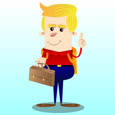 Bavul tutarak ve bir şey anlatmaya okul çocuğu. Vektör çizgi film karakteri çizim.