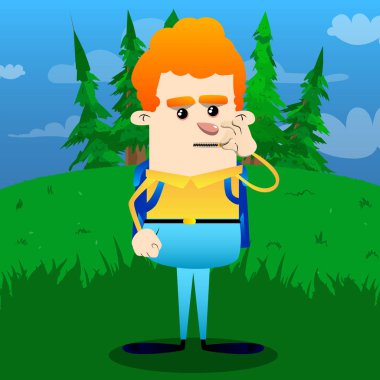 Ağzını sıkıştırma okul çocuğu. Vektör çizgi film karakteri çizim.