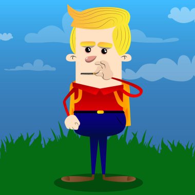 Ağzını sıkıştırma okul çocuğu. Vektör çizgi film karakteri çizim.