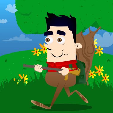 Büyük bir silah ile okul çocuğu. Vektör çizgi film karakteri çizim.