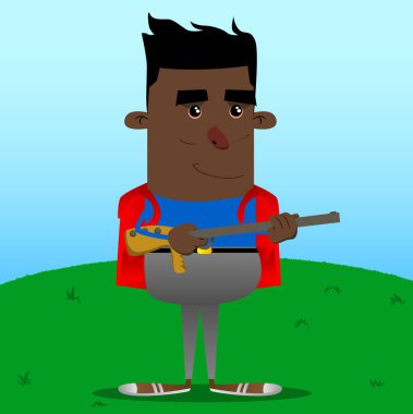 Büyük bir silah ile okul çocuğu. Vektör çizgi film karakteri çizim.