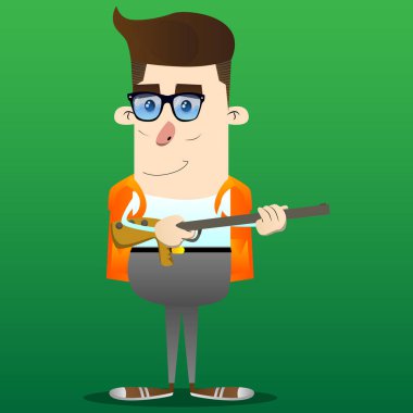 Büyük bir silah ile okul çocuğu. Vektör çizgi film karakteri çizim.