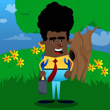 Okul çocuğu gibi patron ile bavul ya da çanta ve kravat. Vektör çizgi film karakteri çizim.