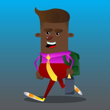 Okul çocuğu gibi patron ile bavul ya da çanta ve kravat. Vektör çizgi film karakteri çizim.