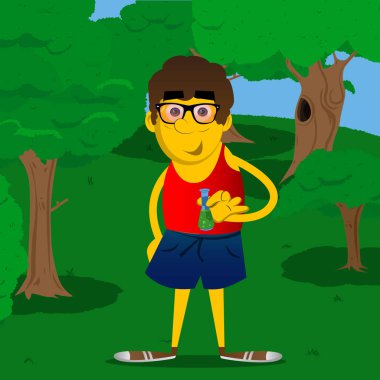 Tüp bebek tutan sarı adam. Vektör karikatür çizim.