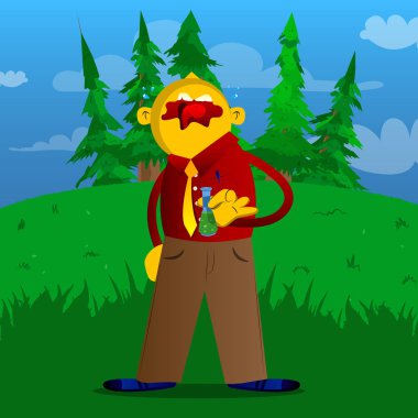 Tüp bebek tutan sarı adam. Vektör karikatür çizim.