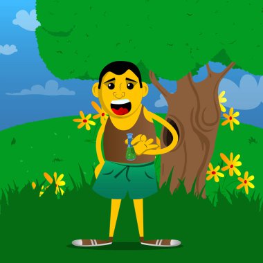 Tüp bebek tutan sarı adam. Vektör karikatür çizim.