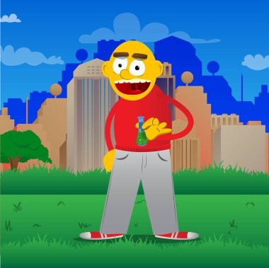 Tüp bebek tutan sarı adam. Vektör karikatür çizim.