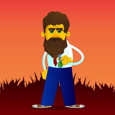 Tüp bebek tutan sarı adam. Vektör karikatür çizim.