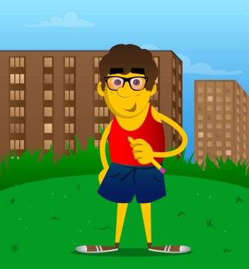 Sarı adam kalemle yazma. Vektör karikatür çizim.