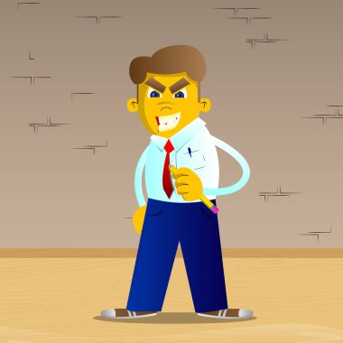 Sarı adam kalemle yazma. Vektör karikatür çizim.