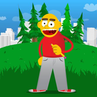 Sarı adam kalemle yazma. Vektör karikatür çizim.