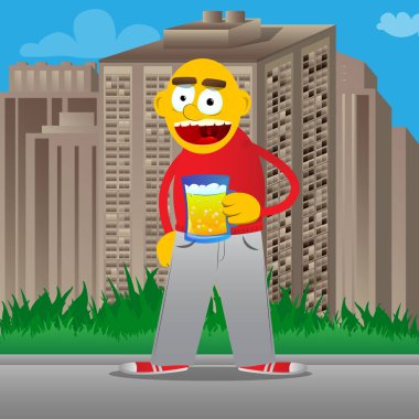 Sarı adam bira içiyor. Vektör karikatür çizim.