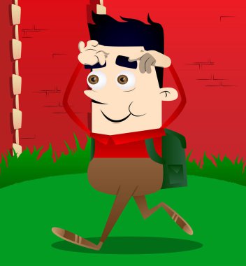 İki elle başını tırmalamak okul çocuğu. Vektör çizgi film karakteri çizim.