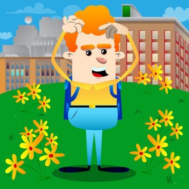 İki elle başını tırmalamak okul çocuğu. Vektör çizgi film karakteri çizim.