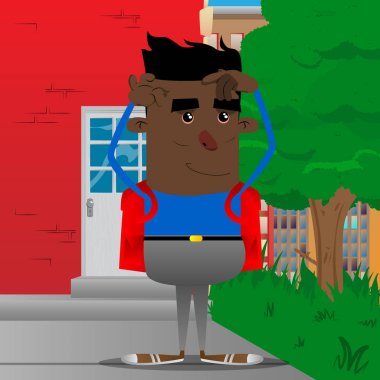 İki elle başını tırmalamak okul çocuğu. Vektör çizgi film karakteri çizim.