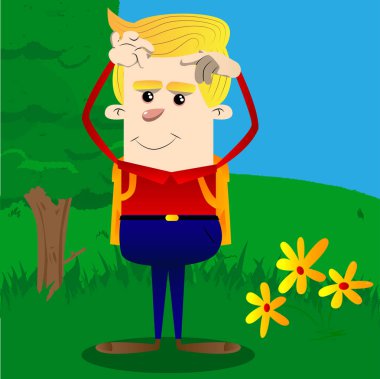 İki elle başını tırmalamak okul çocuğu. Vektör çizgi film karakteri çizim.