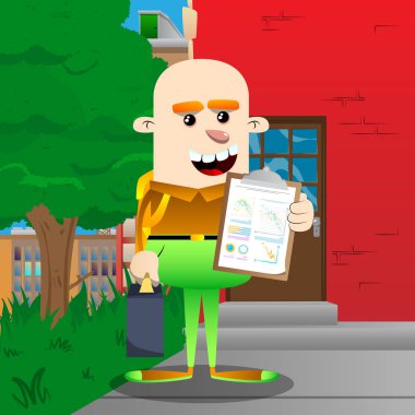 Okul çocuğu gibi patron bavul ya da çanta ile finans raporu gösterir. Vektör çizgi film karakteri çizim.