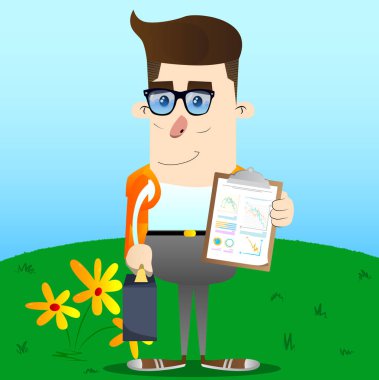 Okul çocuğu gibi patron bavul ya da çanta ile finans raporu gösterir. Vektör çizgi film karakteri çizim.