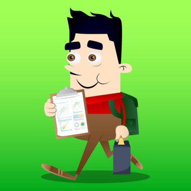 Okul çocuğu gibi patron bavul ya da çanta ile finans raporu gösterir. Vektör çizgi film karakteri çizim.