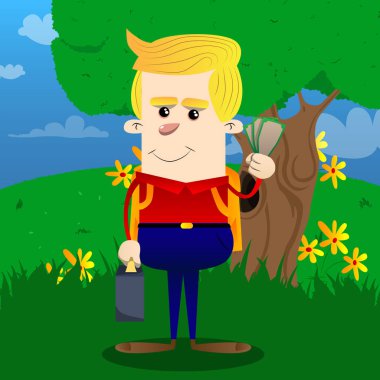 Okul çocuğu gibi bavul ya da holding ya da para faturaları gösterilen çanta ile patron. Vektör çizgi film karakteri çizim.