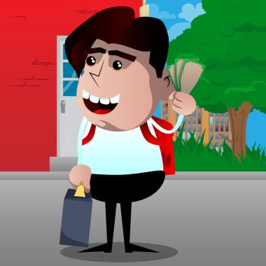 Okul çocuğu gibi bavul ya da holding ya da para faturaları gösterilen çanta ile patron. Vektör çizgi film karakteri çizim.