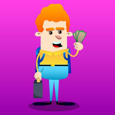 Okul çocuğu gibi bavul ya da holding ya da para faturaları gösterilen çanta ile patron. Vektör çizgi film karakteri çizim.