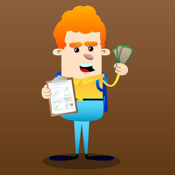 Школьник показывает финансовый отчет и денежные счета. Векторная иллюстрация персонажей
.