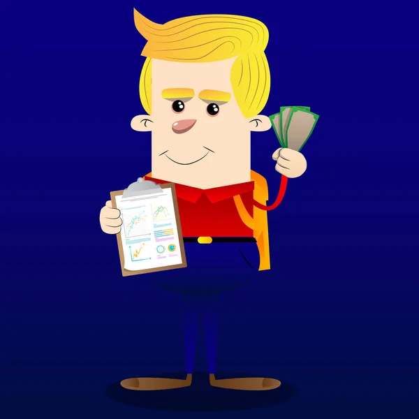 Schoolboy Shows Finance Report Money Bills Vector Cartoon Character Illustration — Stock Vector