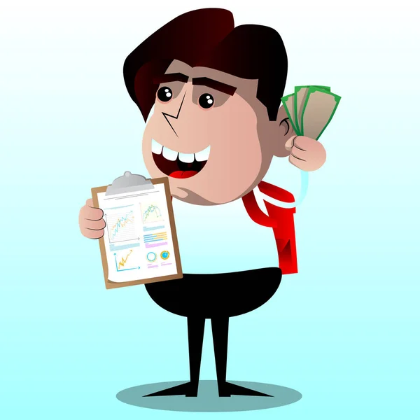 Schoolboy Shows Finance Report Money Bills Vector Cartoon Character Illustration — Stock Vector