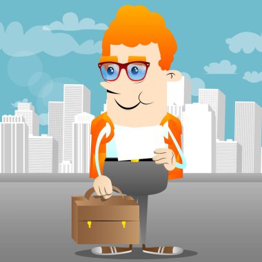 Bavul ve beyaz kağıt ile okul çocuğu. Vektör çizgi film karakteri çizim.