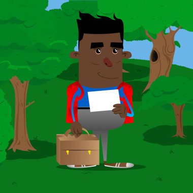 Bavul ve beyaz kağıt ile okul çocuğu. Vektör çizgi film karakteri çizim.